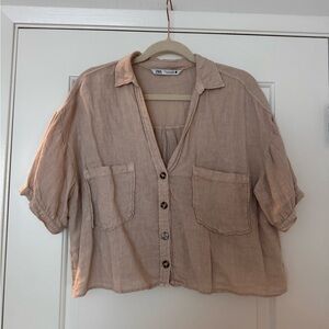 Zara - Linen Blend Short Sleeve Button Down Top